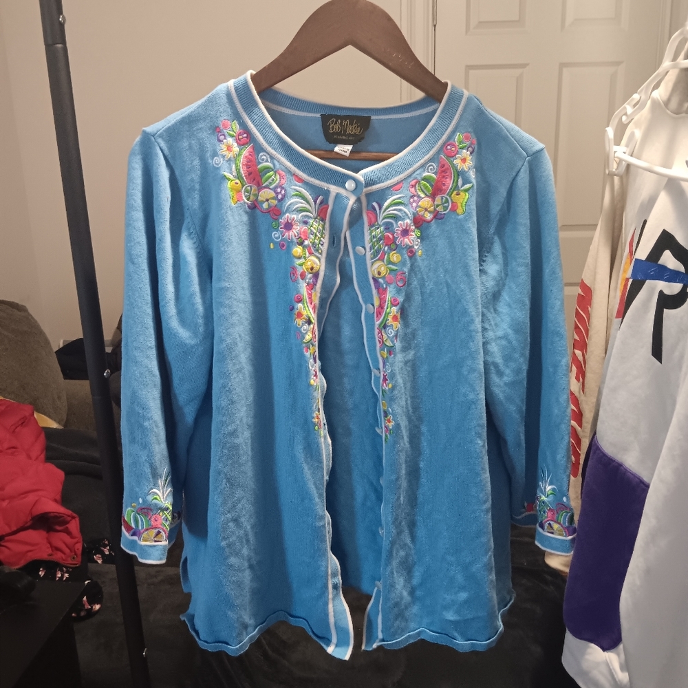 Blue Bob Mackie cardigan with multi colored flowers